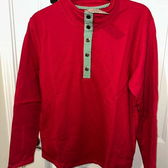Ellie Tops - Ellie Crewneck Red with Button Accent - Patch Elbow and Pockets
